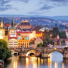 Houses, Bridges, Prague, Czech Republic, evening, Vltava River
