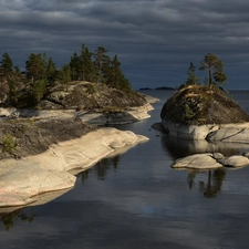 rocks, Lake Ladoga, Islets, trees, Karelia, Russia, Clouds, Sky, viewes