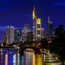 skyscrapers, bridge, Frankfurt, Germany, City at Night, River