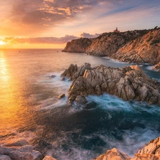 Coast, rocks, Sardynia, Lighthouses, sea, Sunrise, Italy