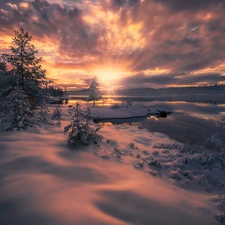 lake, Ringerike, viewes, winter, Norway, trees, Great Sunsets