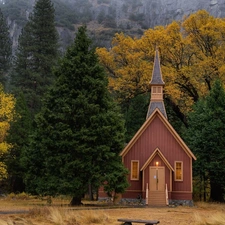 trees, winter, viewes, church, State of California, The United States, forest, Yosemite National Park, chapel