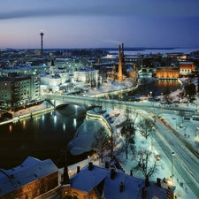Snowy, Finland, Town, winter, Streets, Tampere