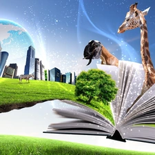 trees, viewes, skyscrapers, animals, Book