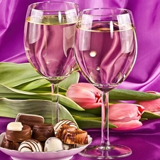 Wines, Two, Tulips, pralines, Pink, Lights