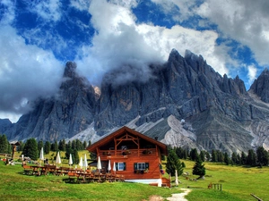 Restaurant, Mountains, viewes, Austria, trees, clouds