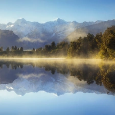 Southern Alps, Mountains, Mount Cook, trees, New Zeland, Mount Cook National Park, Matheson Lake, South Island, viewes
