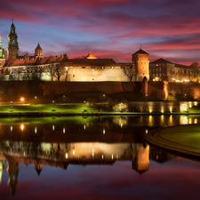 Wawel Royal Castle, Kraków, Vistula river, Floodlit, Poland, Wawel, reflection