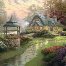 picture, Thomas Kinkade, manor-house, well, Garden