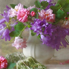 violet, bouquet, White, pitcher, flowers, pink