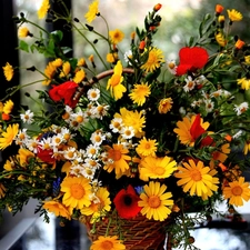 wicker, basket, wild, flowers, bouquet