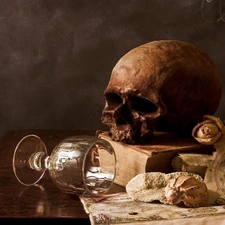 composition, wine glass, candle, skull