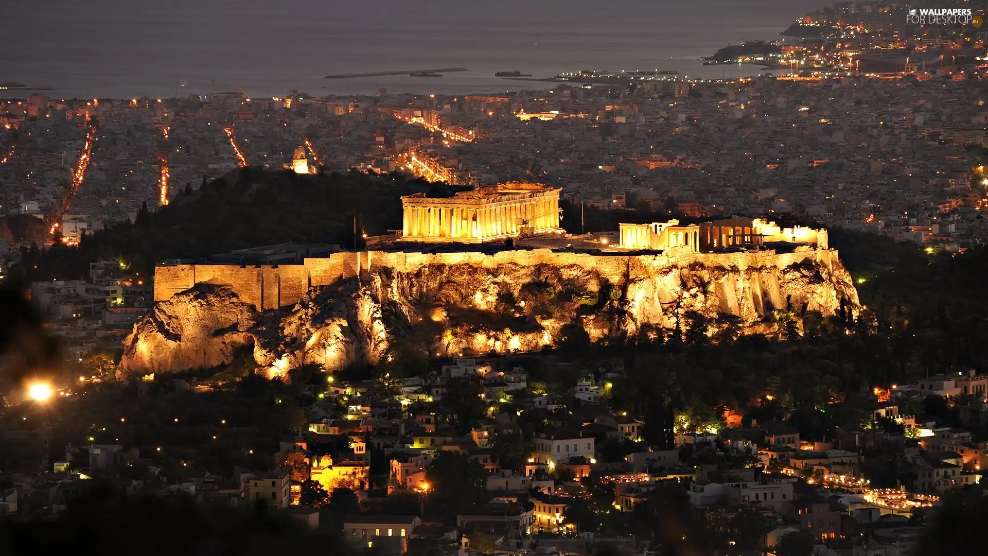 acropolis, Greece, Floodlit