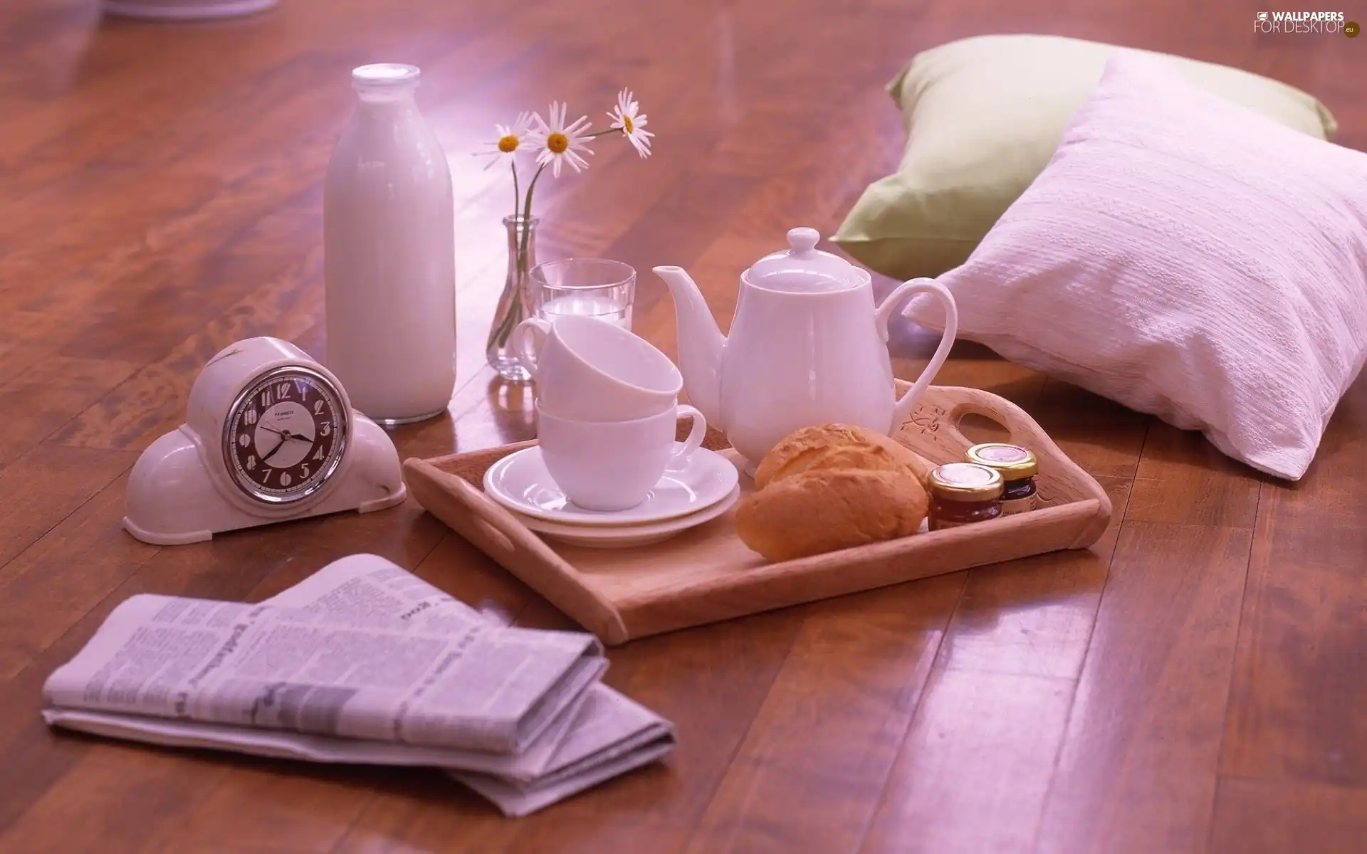 alarm clock, pillows, White, china, breakfast, milk