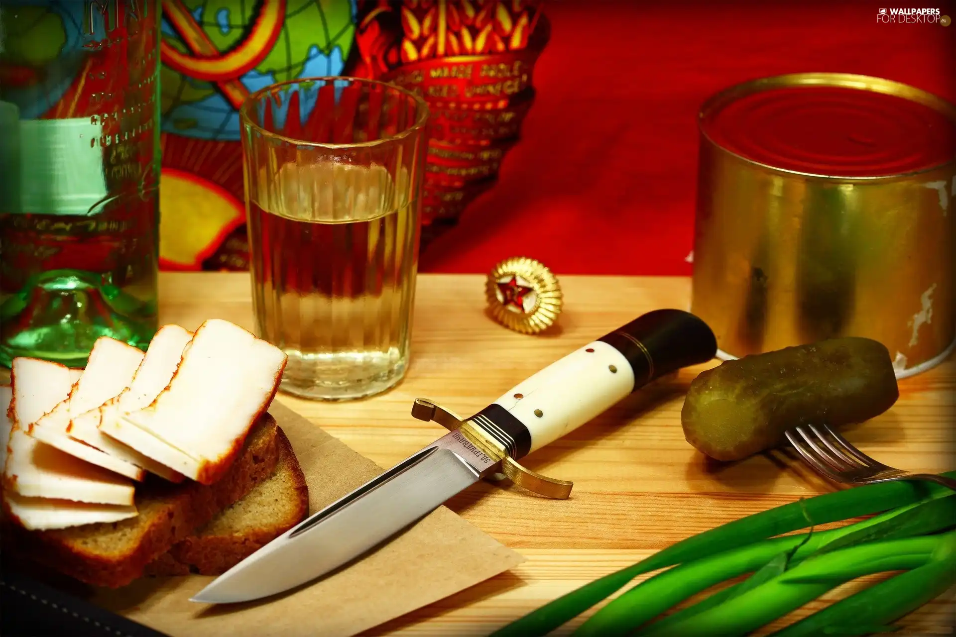 alcohol, chives, speck, knife, Tuszonka