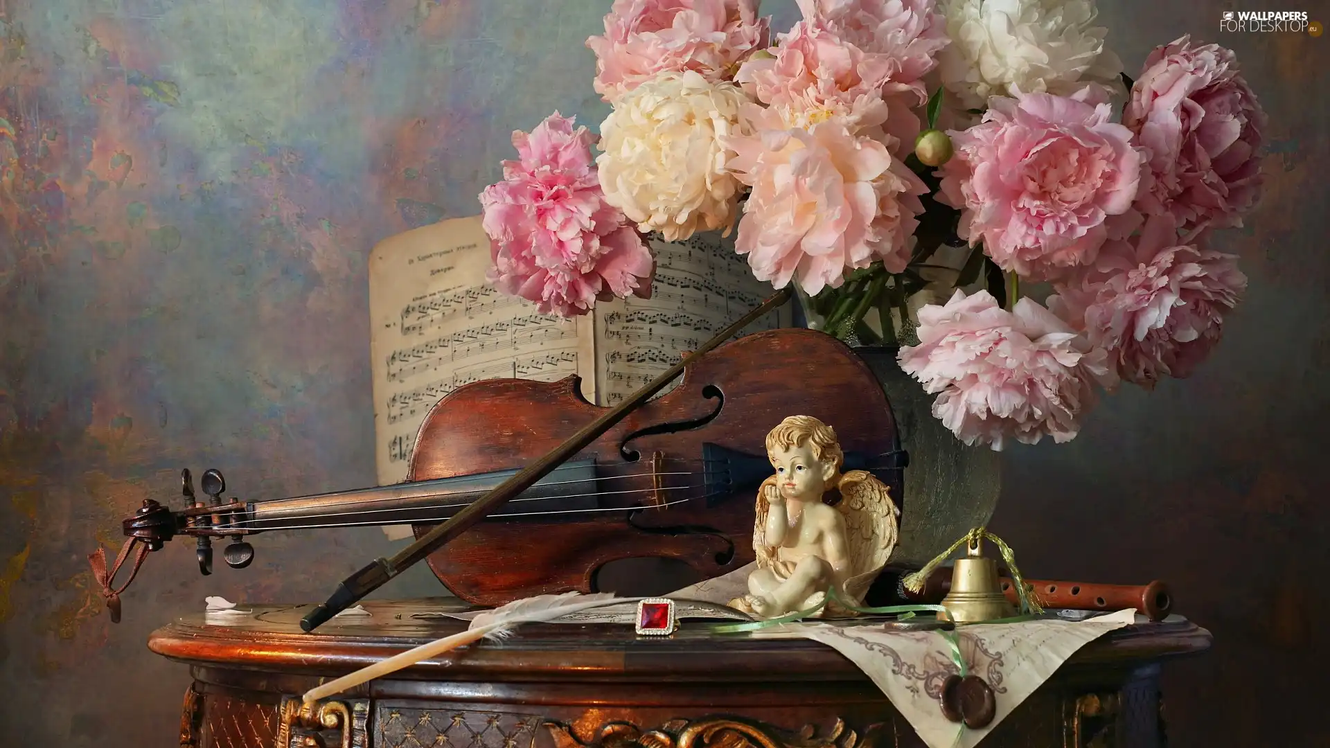 angel, Peonies, violin, Ring, Tunes, composition, Vase, table, flute, figure