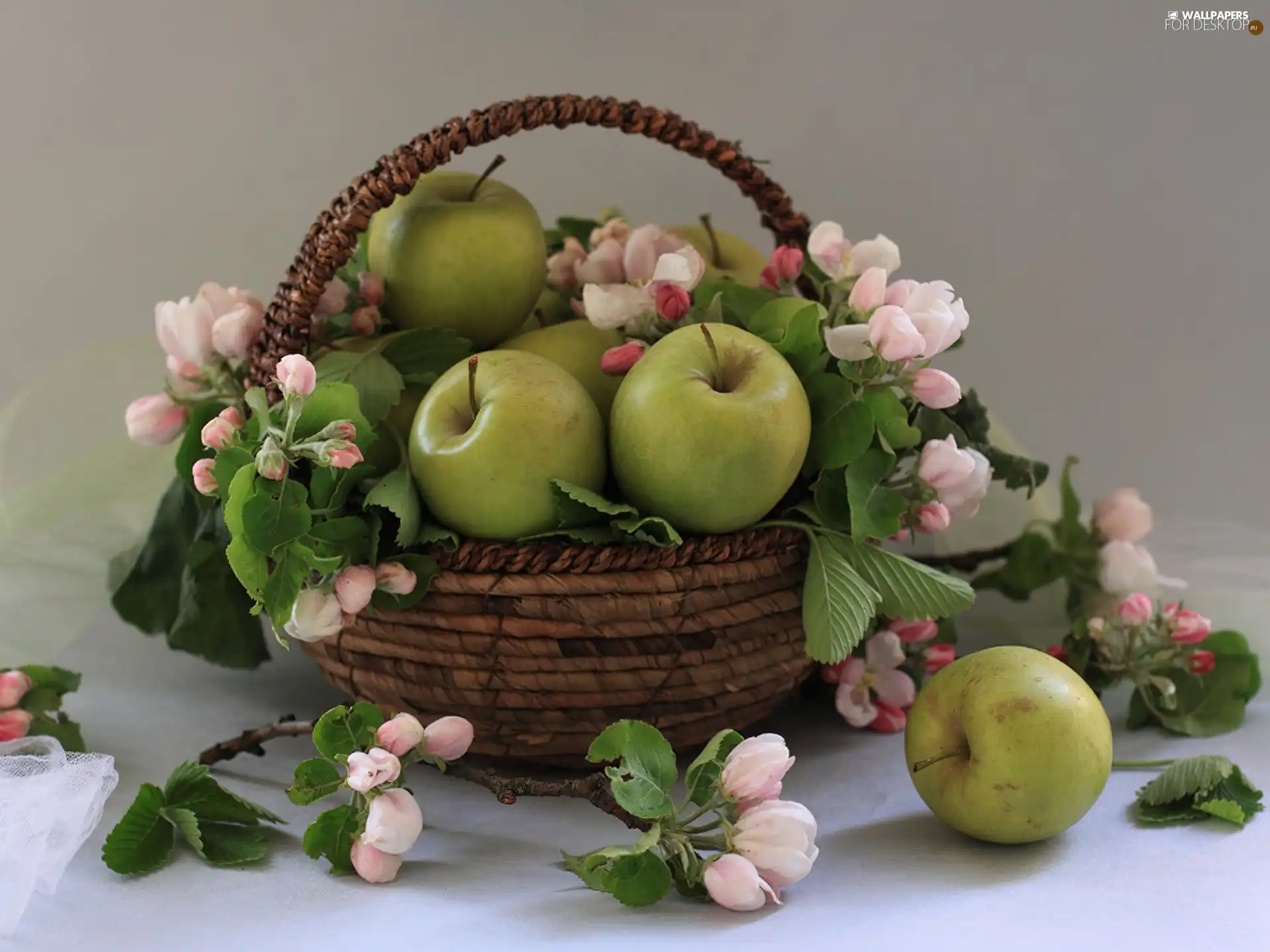 basket, Flowers, apple, apples