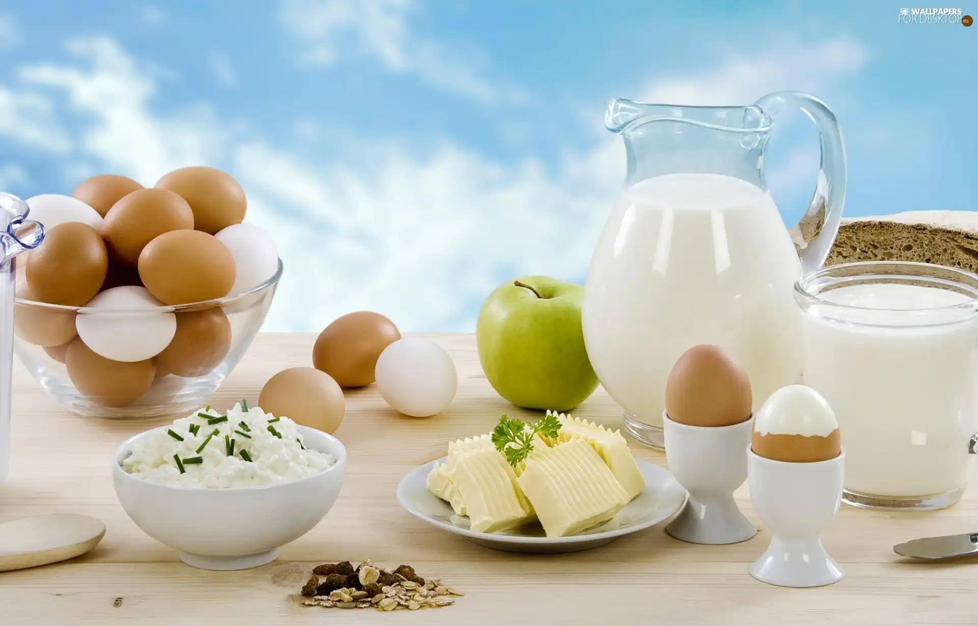 butter, eggs, Muesli, breakfast, Apple, milk