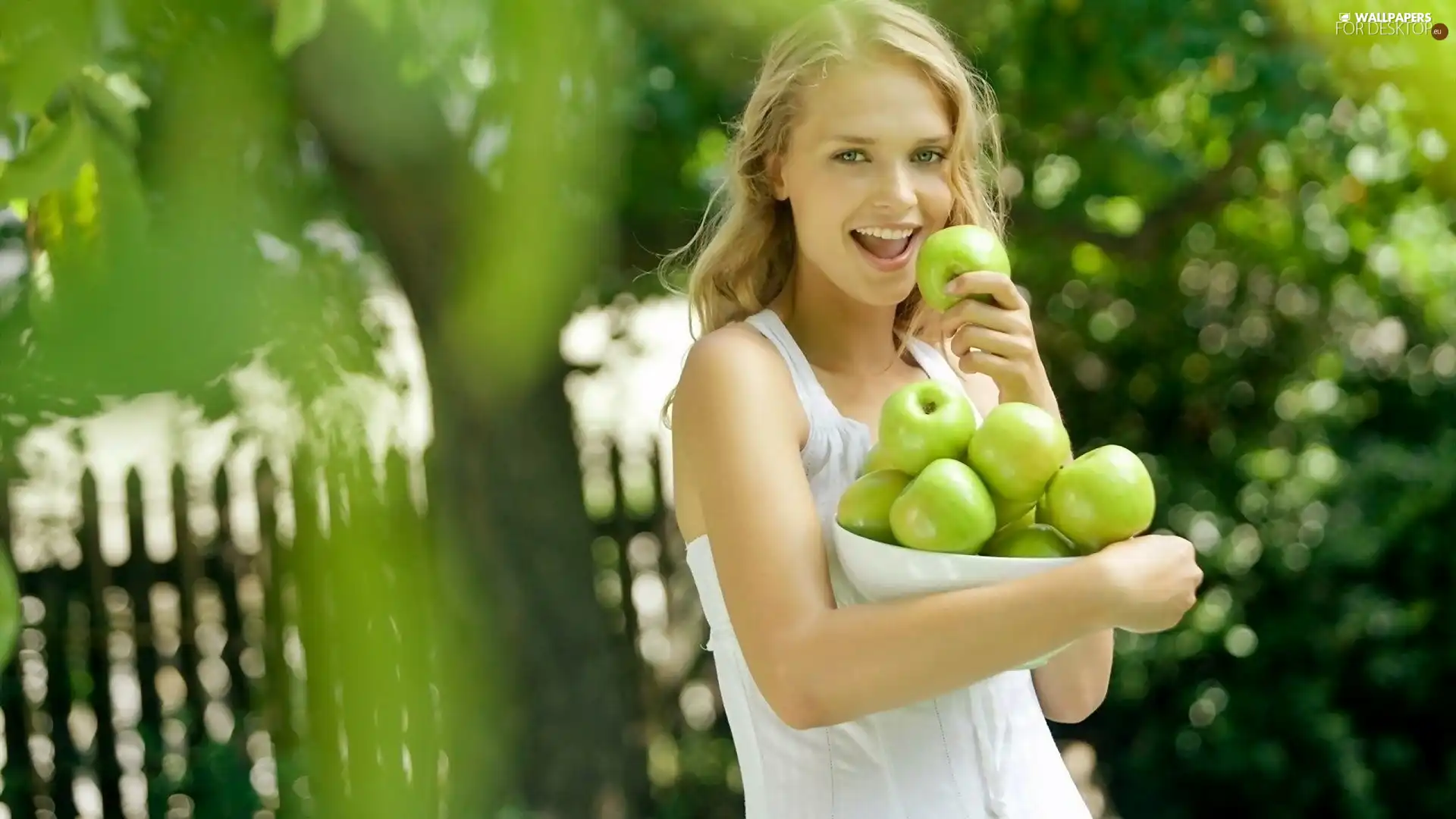 girl, summer, apples, blur, orchard, Beauty