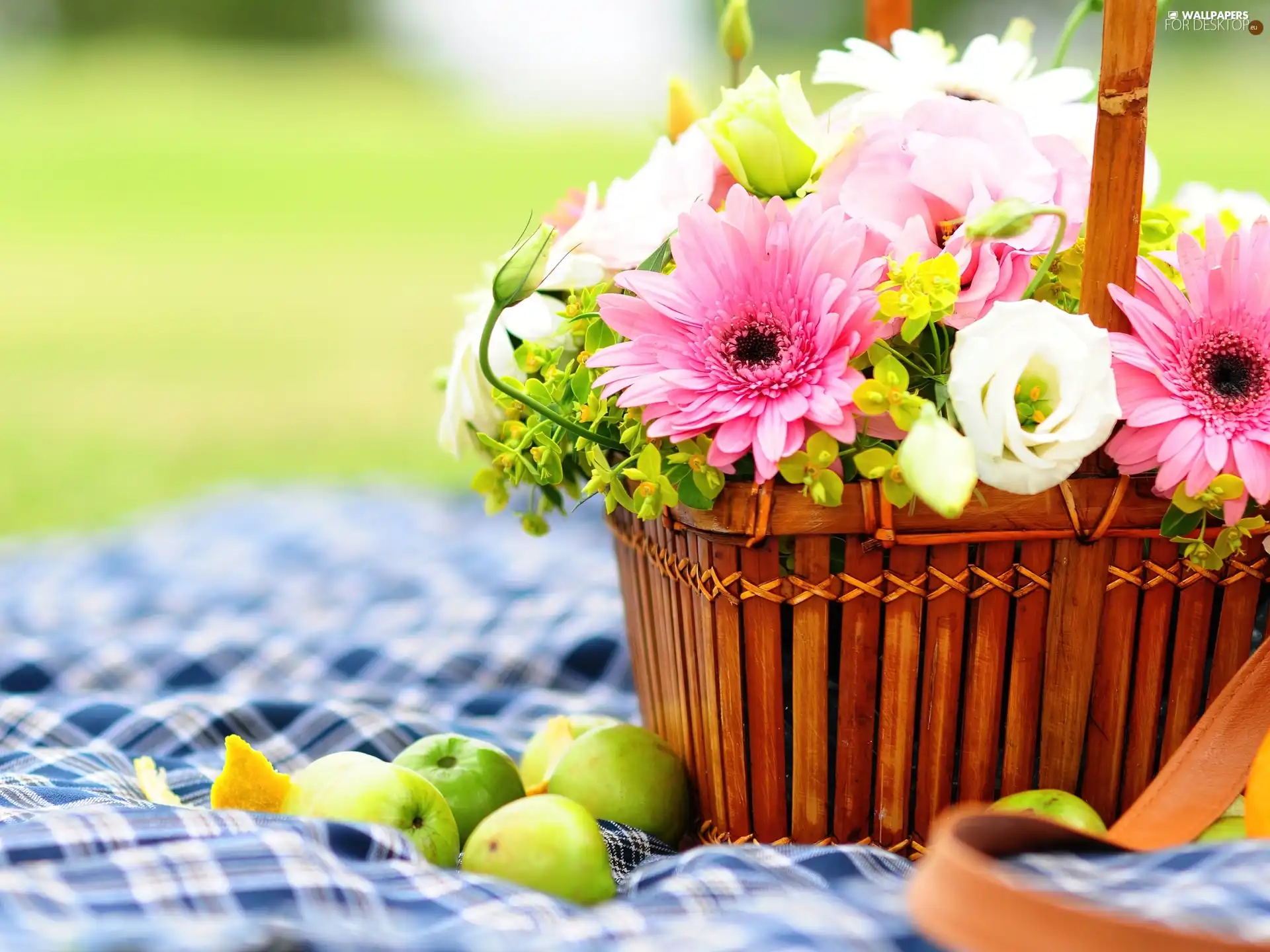 apples, basket, Flowers