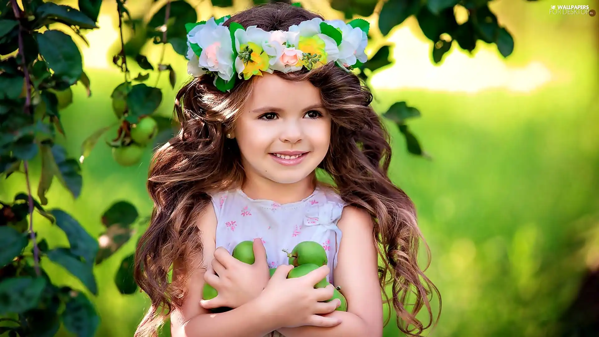girl, green ones, apples, wreath