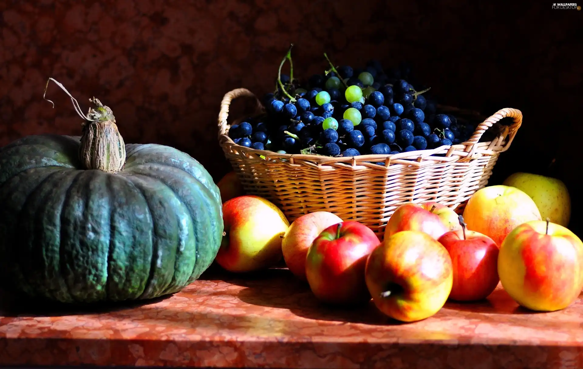 pumpkin, Grapes, apples, basket