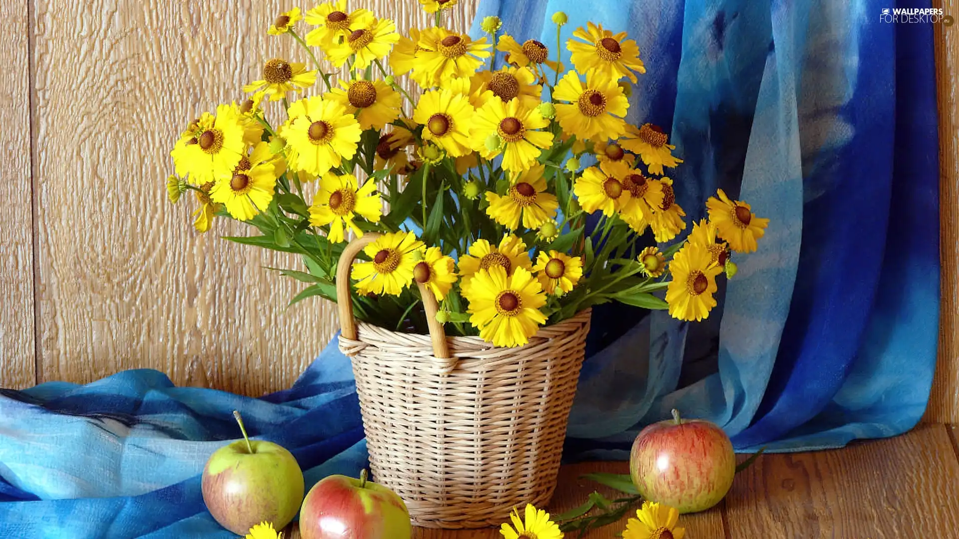 basket, Flowers, Blue, wicker, Yellow, apples, textile