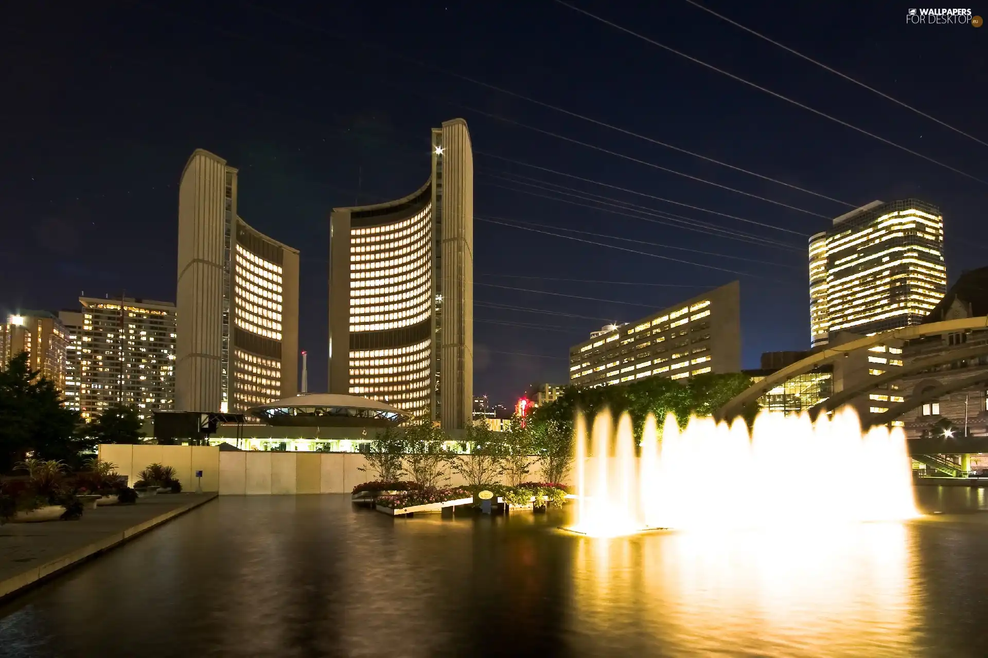 architecture, Night, water, fountain, Toronto