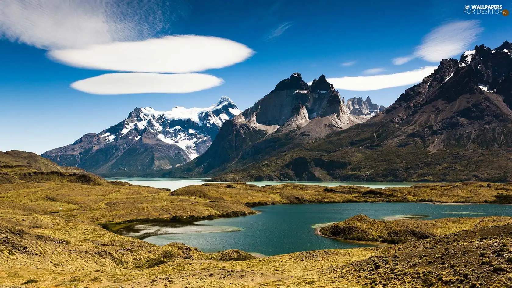 Mountains, lake, Argentina, clouds