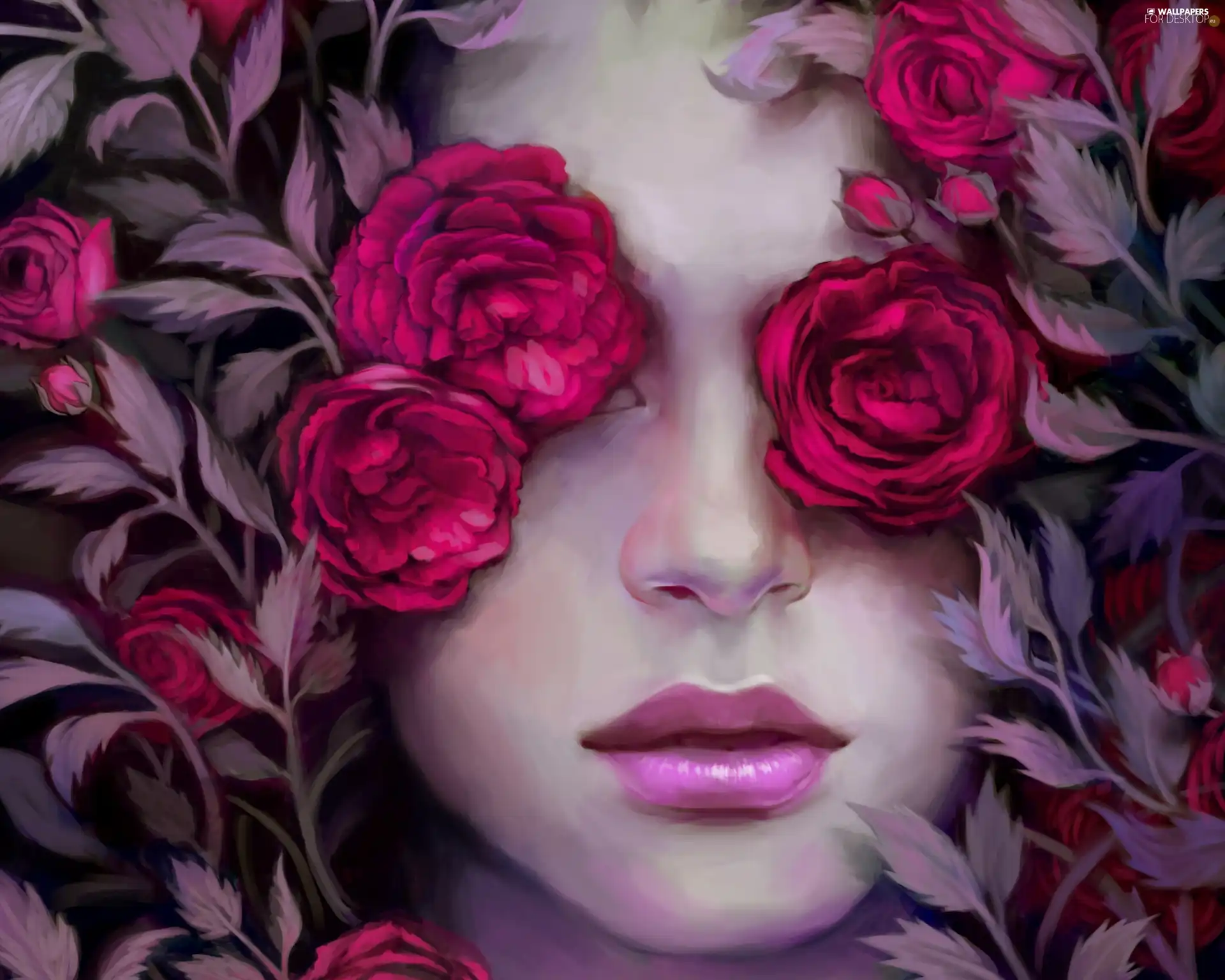 face, roses, Art, Womens