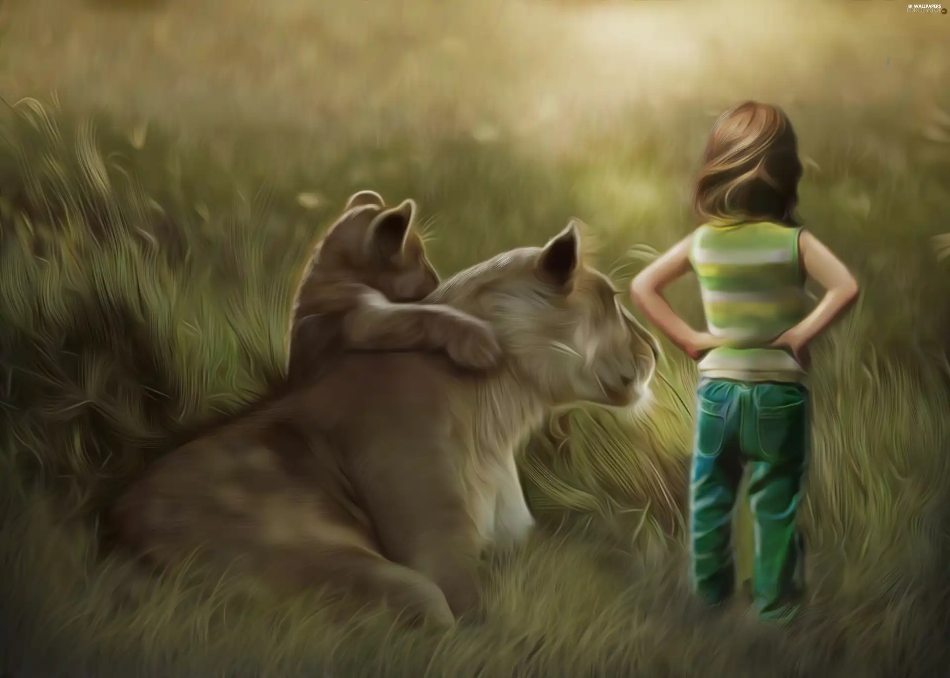 girl, little doggies, Art, Lioness
