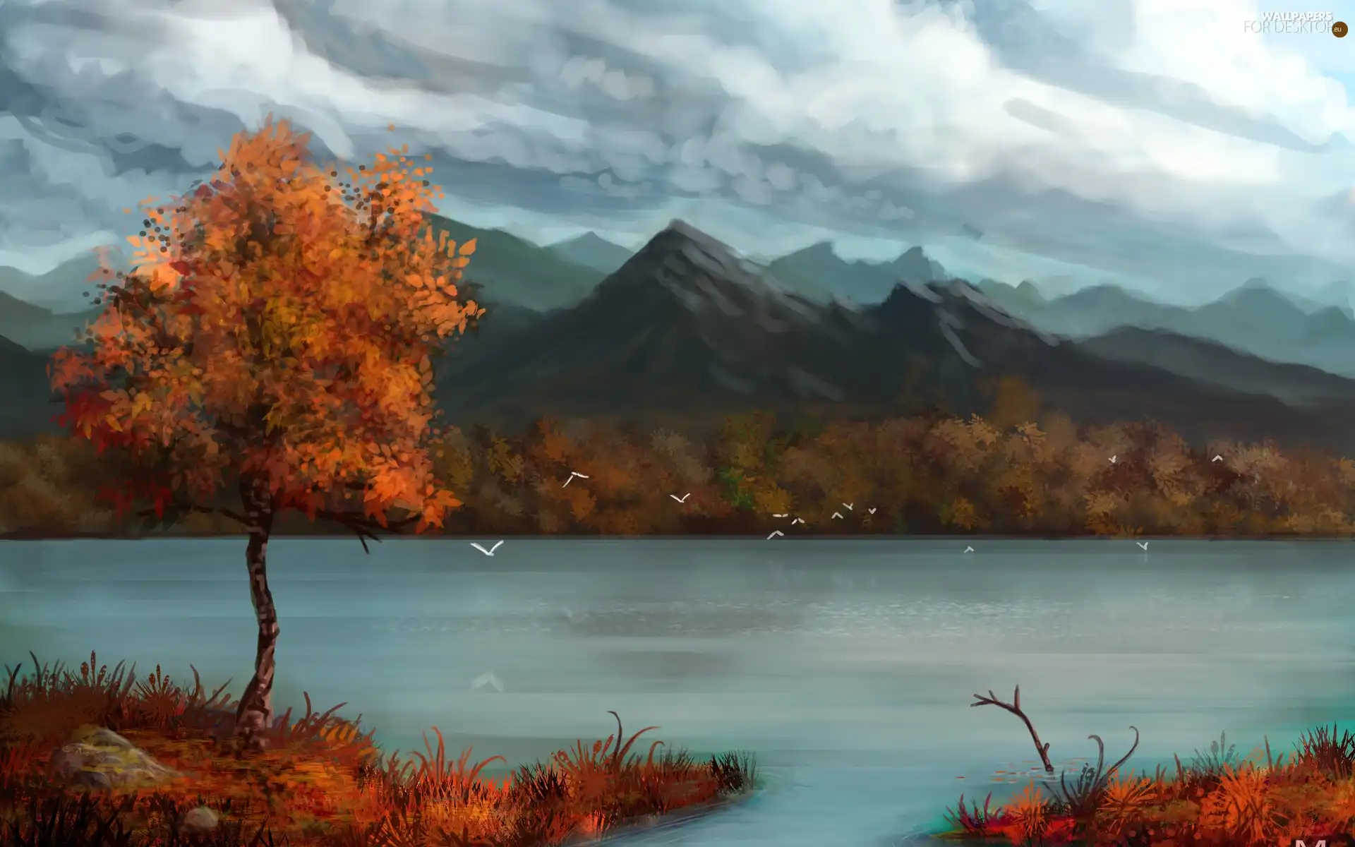 lake, trees, autumn, Mountains