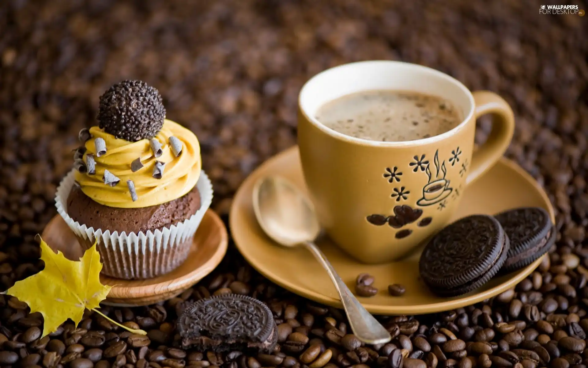 Autumn, leaf, coffee, Cookies, cup