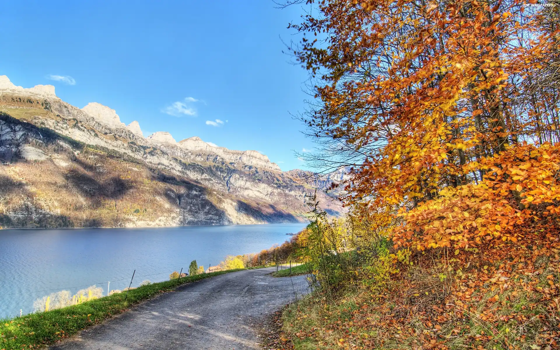 Autumn, Leaf, River, Way, Mountains