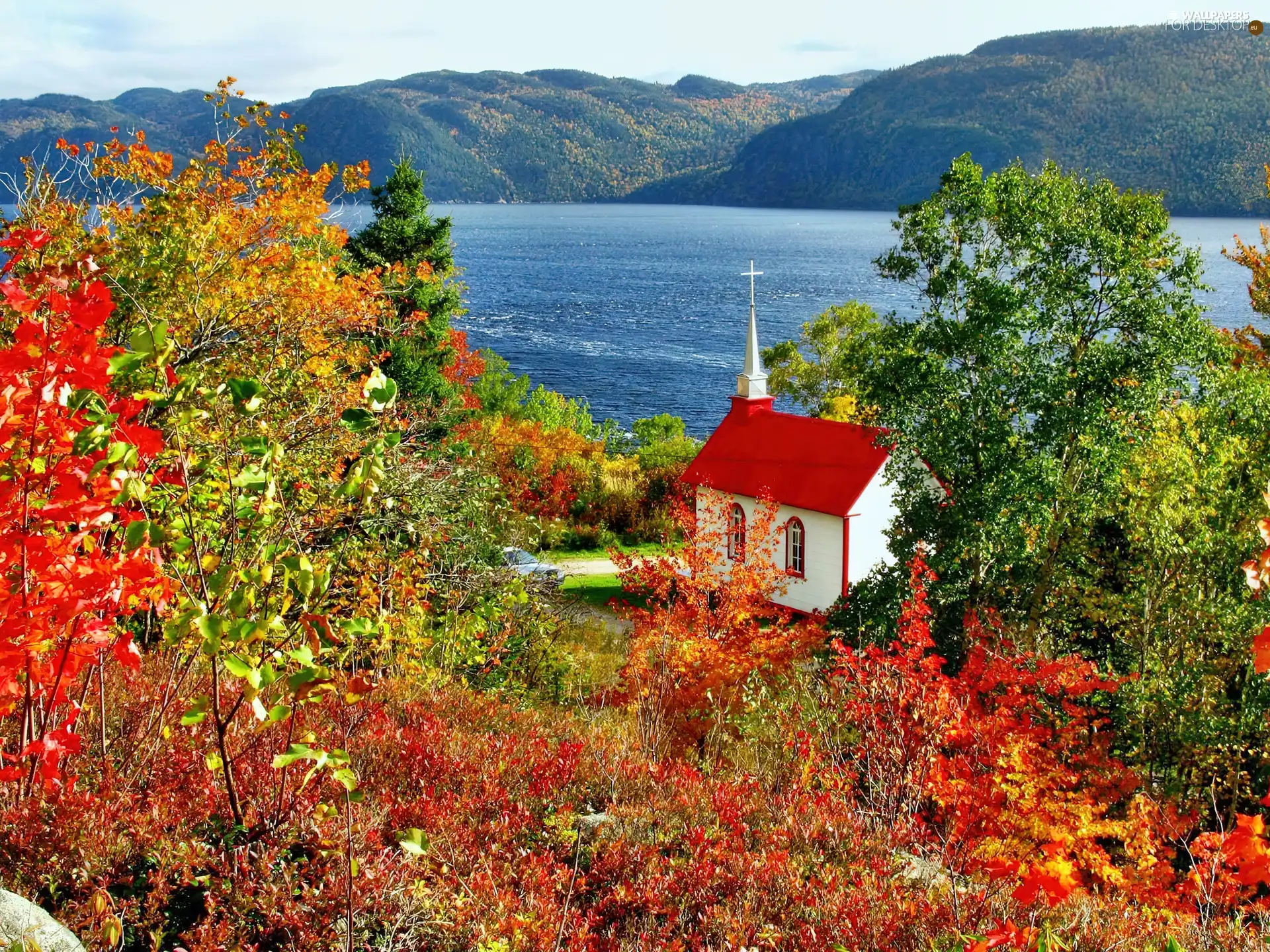 Mountains, church, autumn, lake