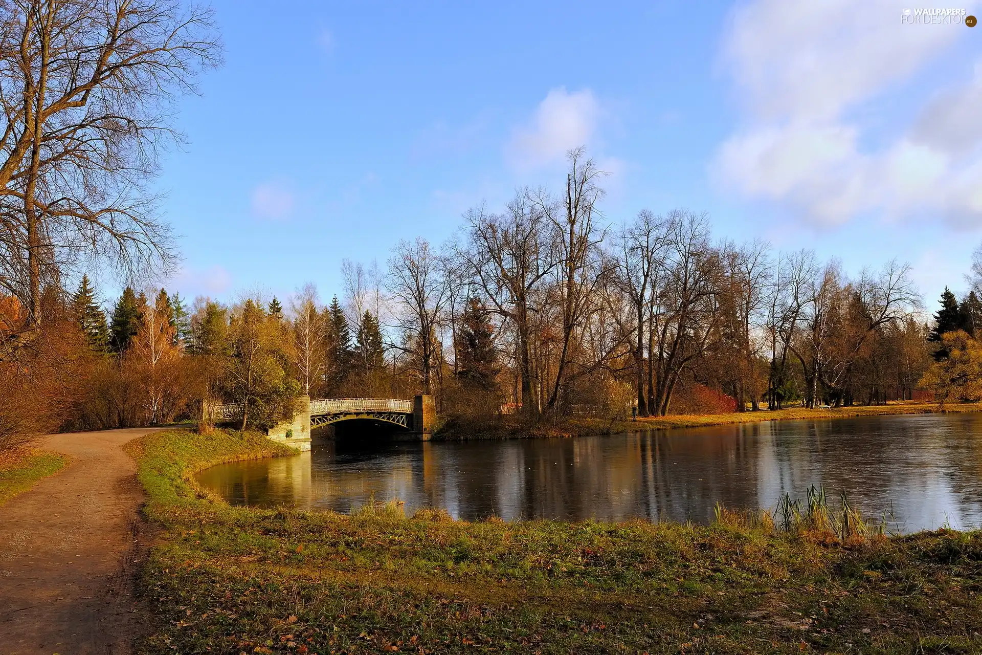 Park, bridge, autumn, River