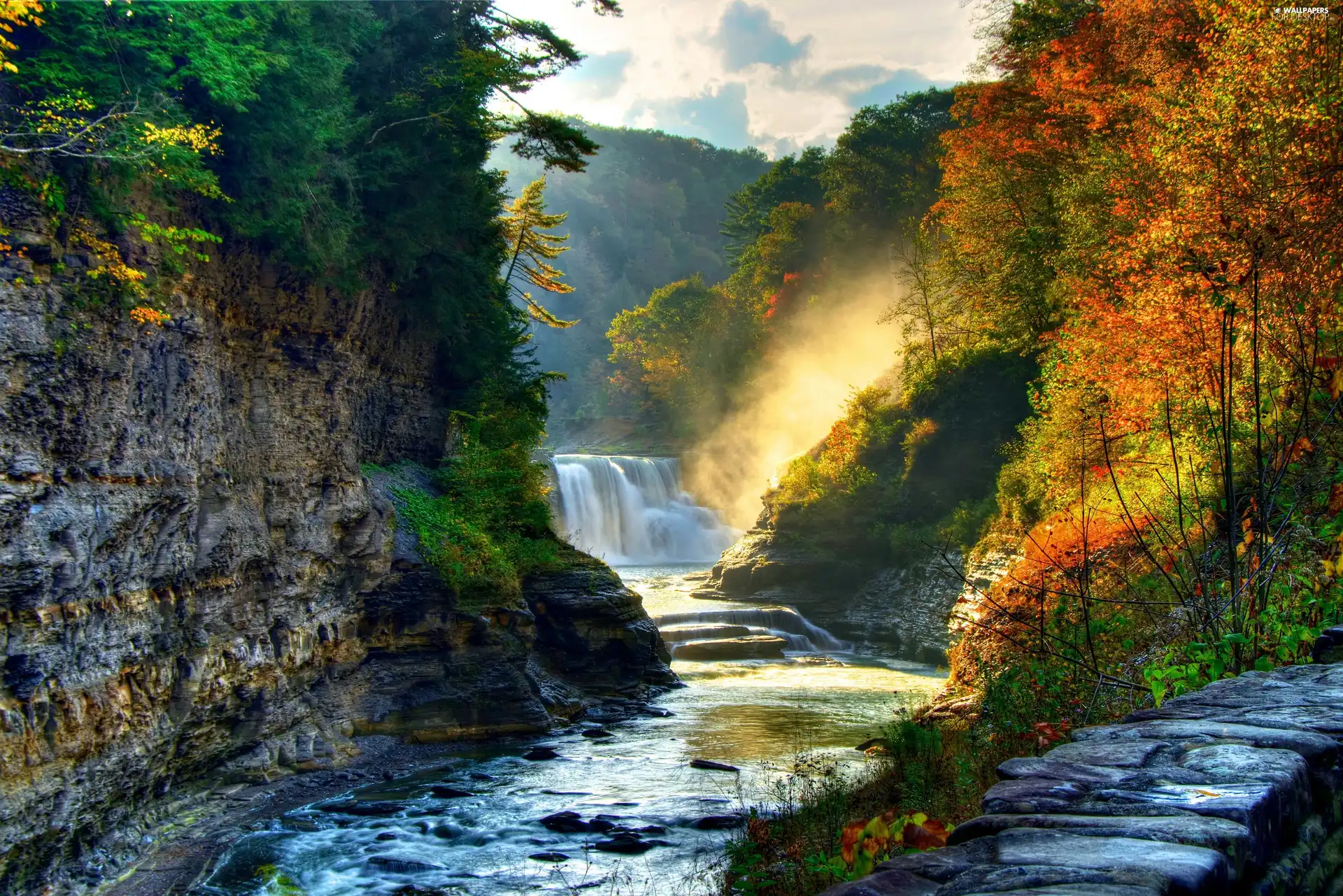 rocks, River, autumn, waterfall