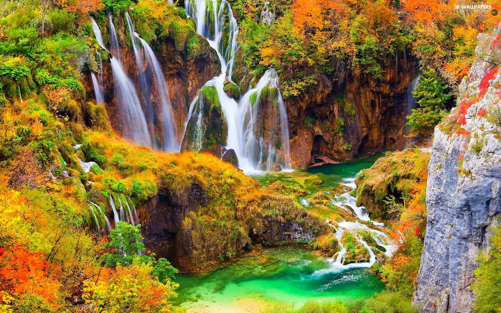 waterfalls, VEGETATION, autumn, rocks