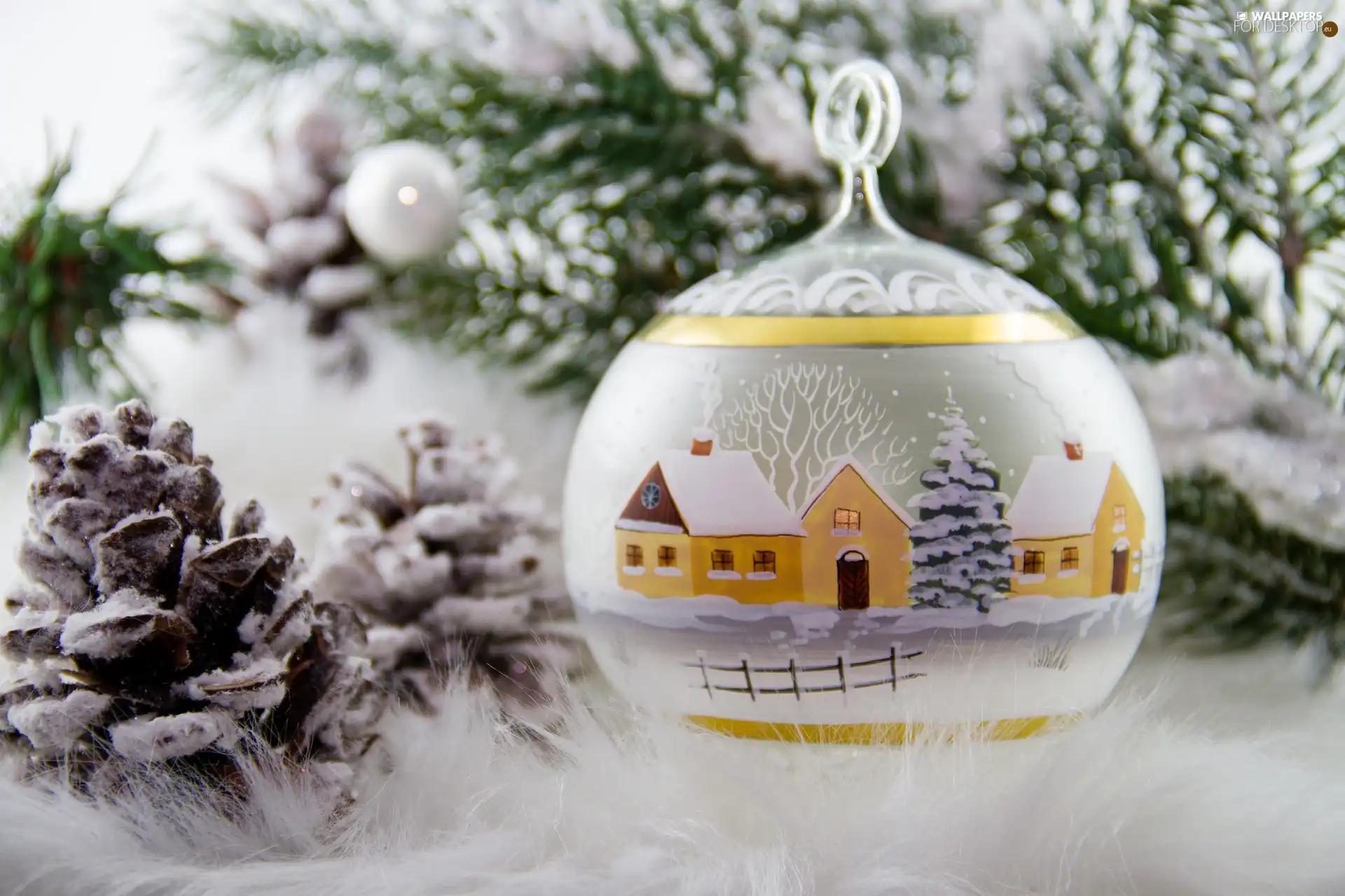 cones, Christmas, Twigs, bauble, decoration, snow, blurry background