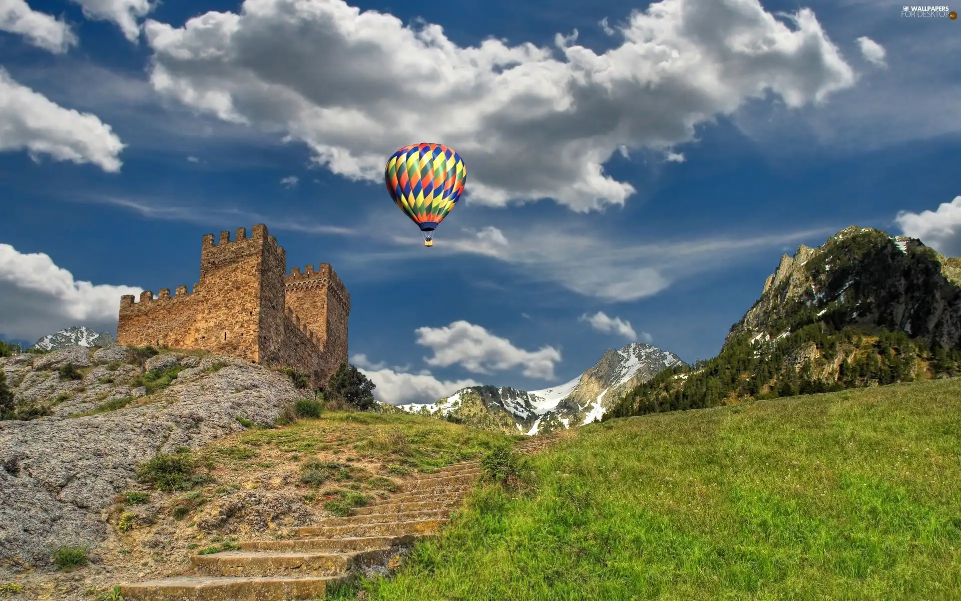 Balloon, rocks, Castle