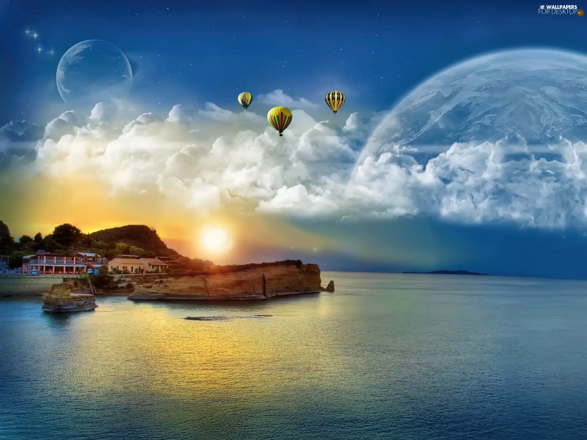 fantasy, Planets, Balloons, moon