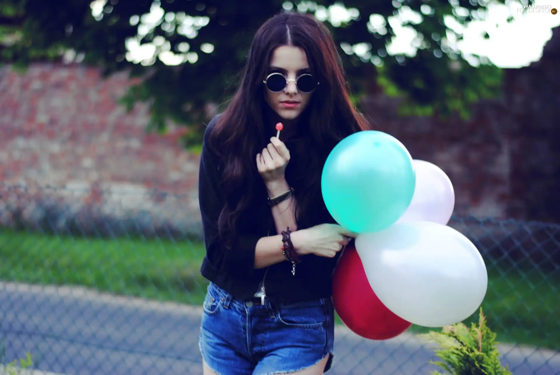Balloons, Lollipop, brunette, Glasses, Women