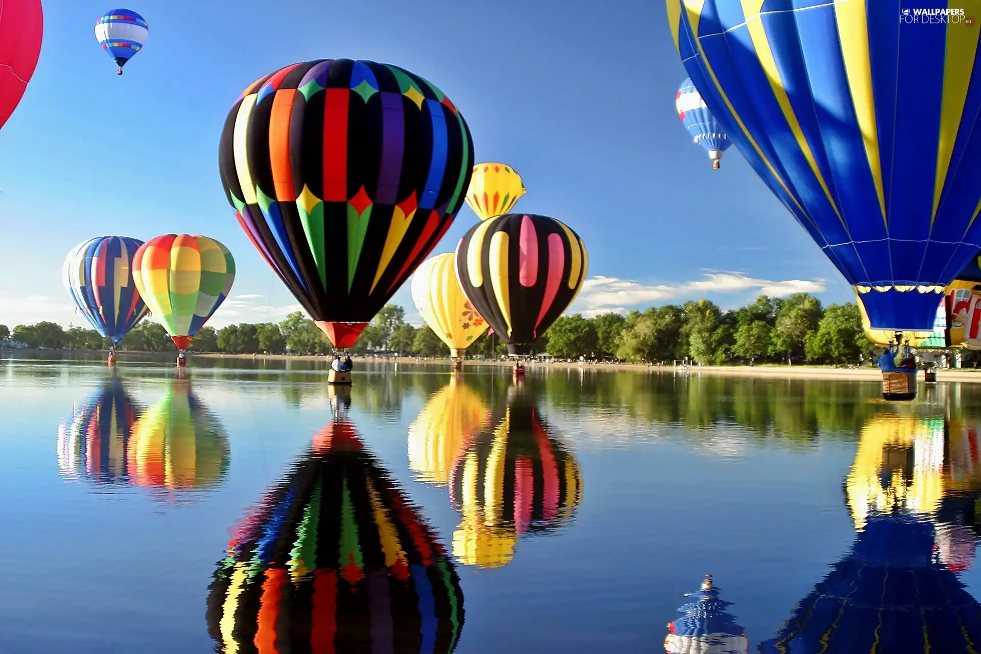 River, trees, Balloons, reflection, color, viewes