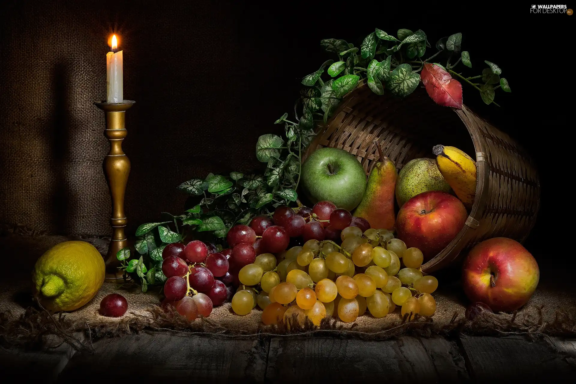 Fruits, basket, Grapes, apples, candle, composition, Banana, truck concrete mixer, Lemon