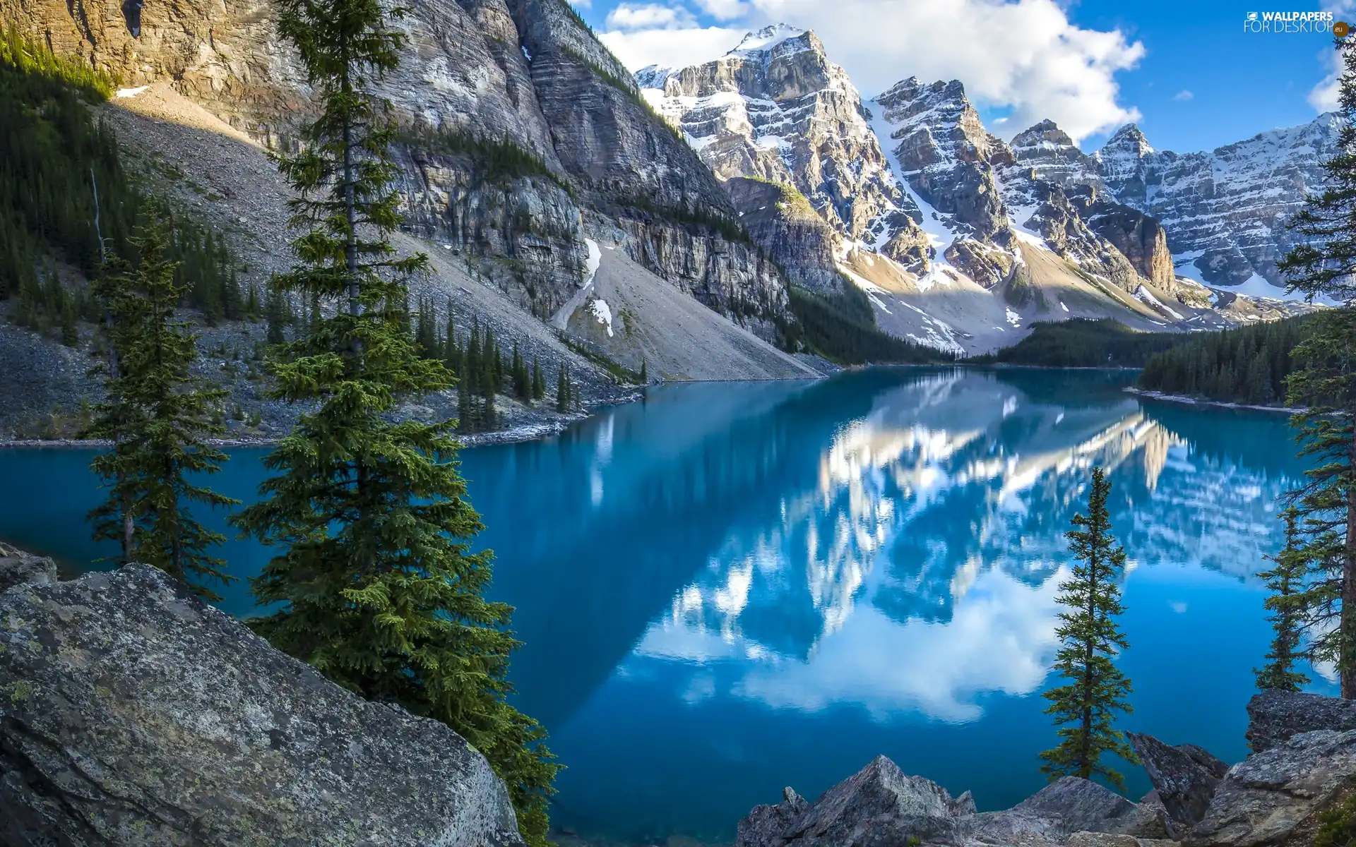 Mountains, Canada, Moraine Lake, lake, trees, reflection, clouds, Banff National Park, Alberta, viewes, forest