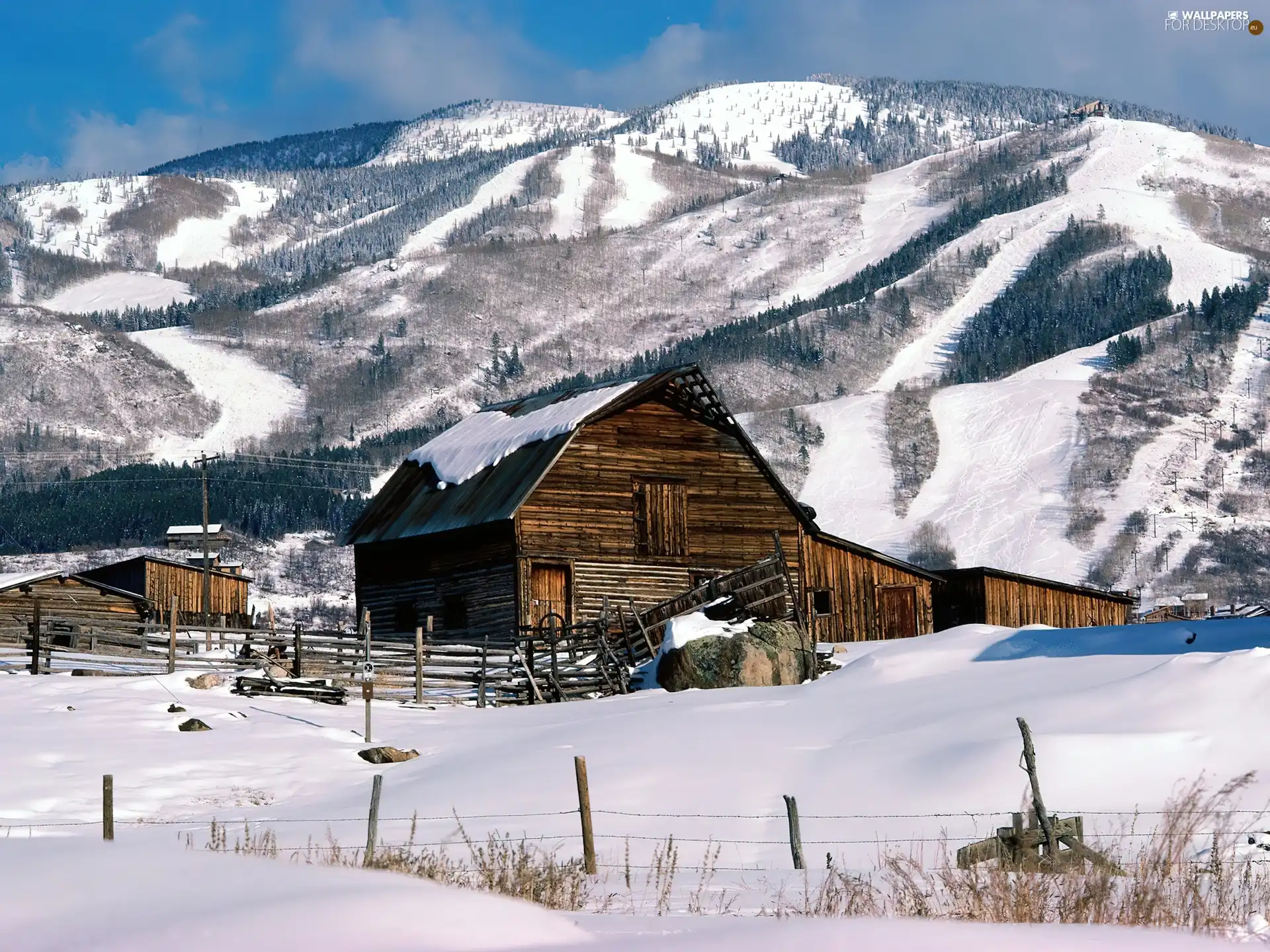 winter, Wooden, Barn, Mountains