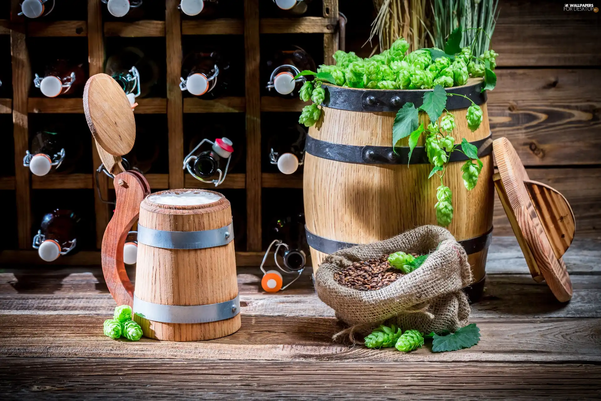 barrel, hop, mug, Bottles, Beer