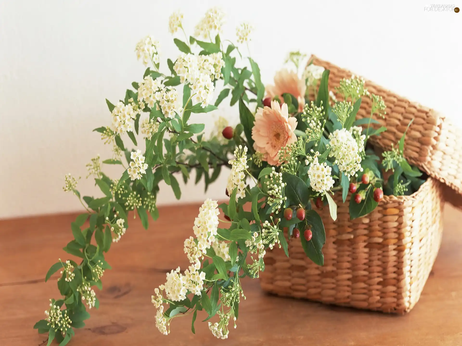 bouquet, wicker, basket, flowers