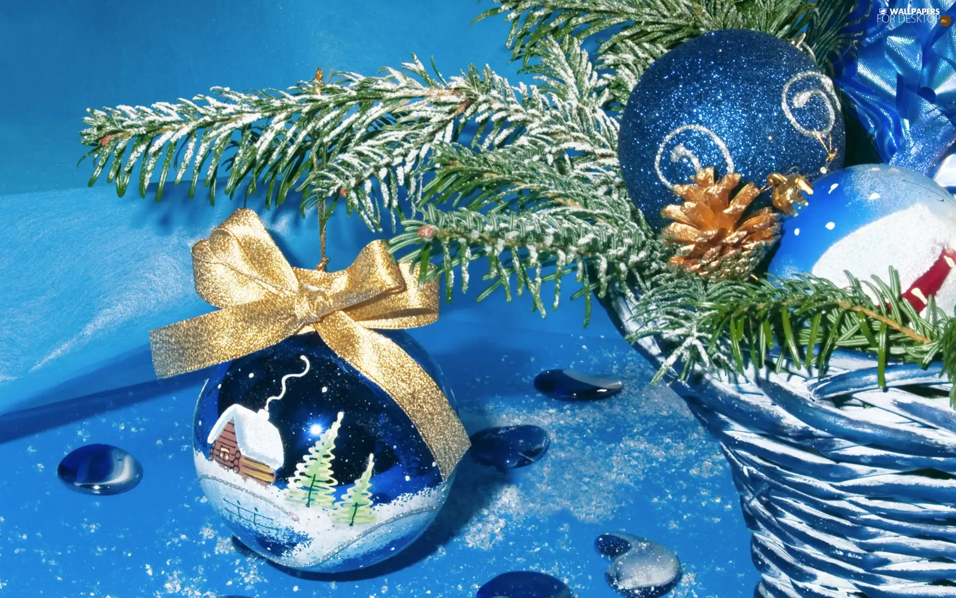 basket, branch, Christmas, baubles, decoration