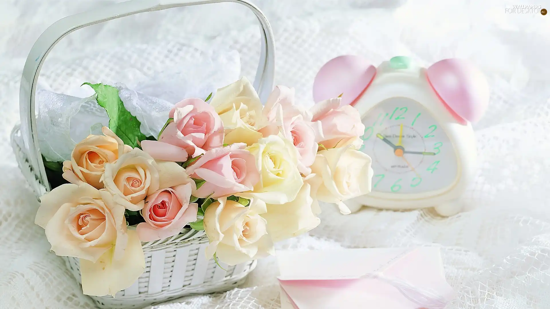 basket, alarm clock, pastel, roses, beatyfull